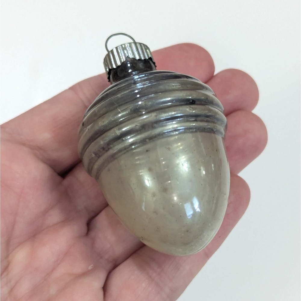 VTG Shiny Brite Gray Silver Acorn Glass 2" Christmas Ornament USA Ribbed Cap